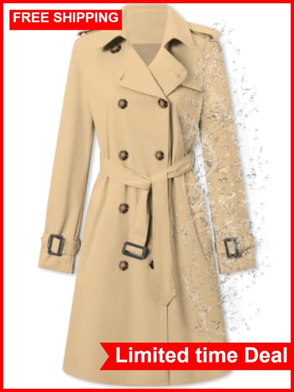 Double Breasted Water-repellent Belted Trench Coat